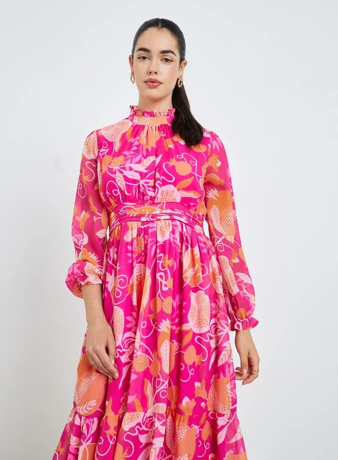 Styli Women Pink Floral Print A-Line Midi Dress